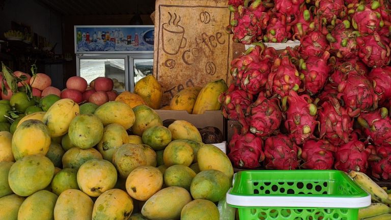 Mangoes and dragon fruit at a Kampot fruit stall during rainy season