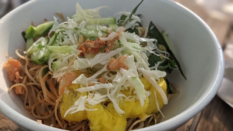 A bowl of Nom Ban Chok, Cambodia's classic breakfast noodle dish