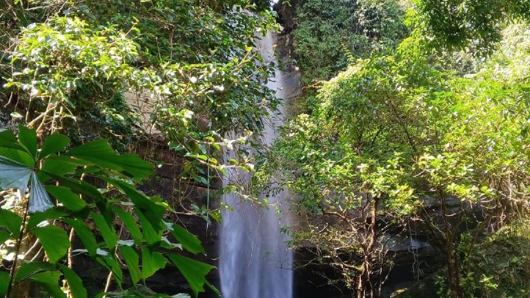 Travellers swimming in the pool at Veal Pouch Waterfalls near Kampot.